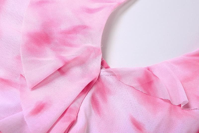 Top con scollo a V, volant e schiena irregolare, allacciabile a contrasto tie-dye 