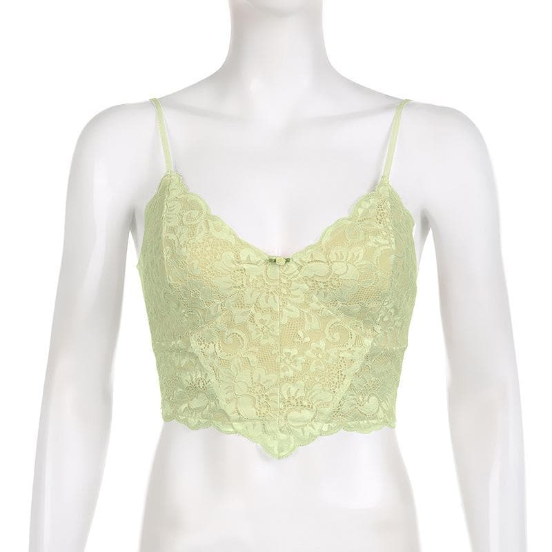 Top corto in pizzo con scollo a V e schiena scoperta, applicazioni floreali a contrasto