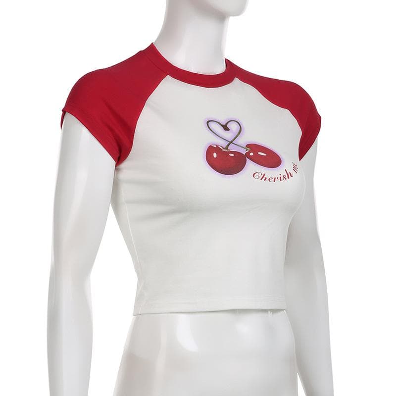 Cherry pattern patchwork contrast cap sleeve crewneck crop top