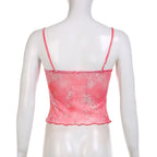 Sheer mesh see through v neck flower print ruffle cami crop top