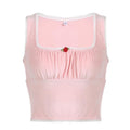 Ruched square neck lace hem velvet contrast sleeveless crop top