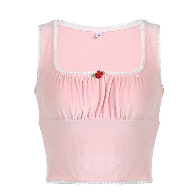 Ruched square neck lace hem velvet contrast sleeveless crop top