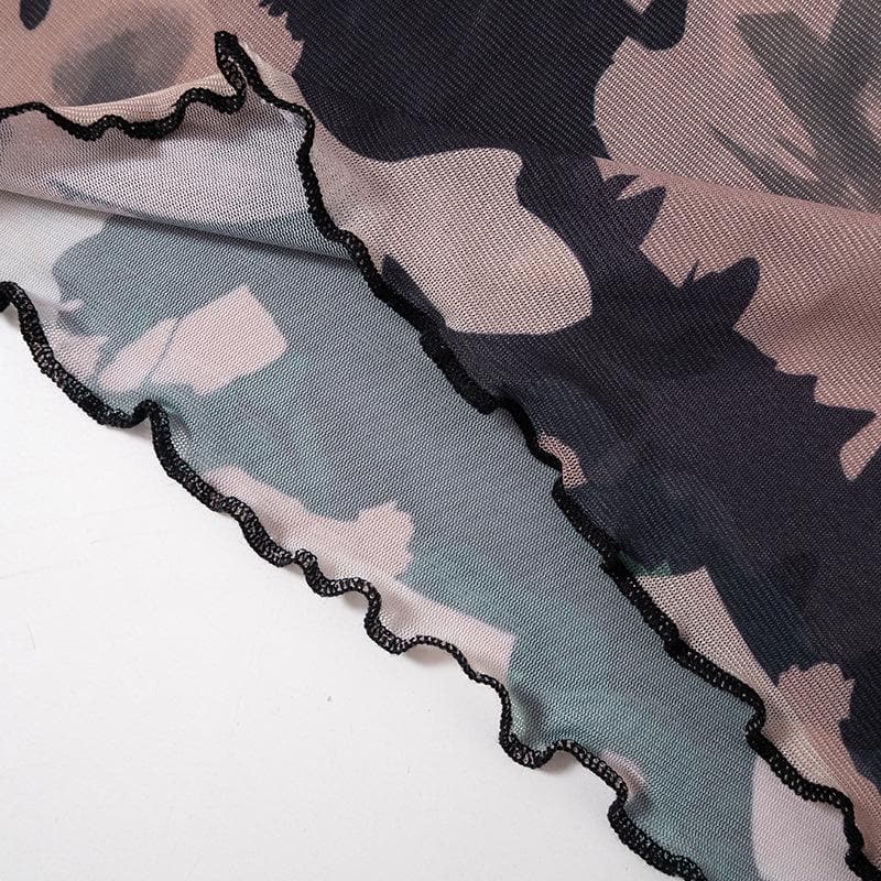 Completo gonna lunga a maniche corte con spacchi traforati e tie-dye in rete trasparente 