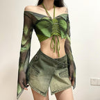 Halter drawstring mesh flared sleeve tie dye 2 piece crop top