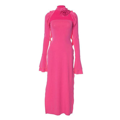 Maxikleid mit Blumenapplikation, Schlitz, ausgestellten Ärmeln und Schleife