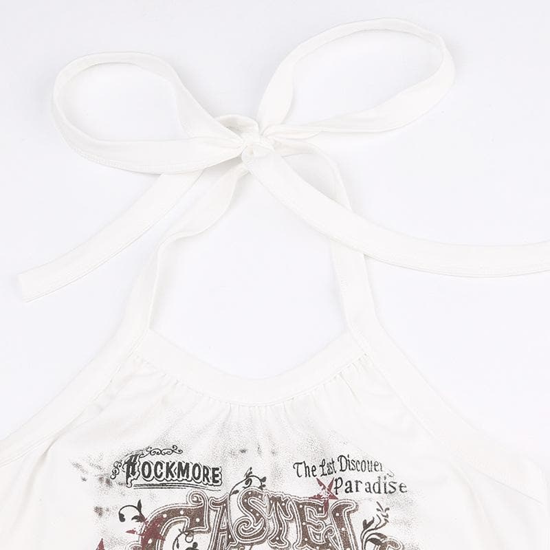 Letter print halter self tie backless contrast top