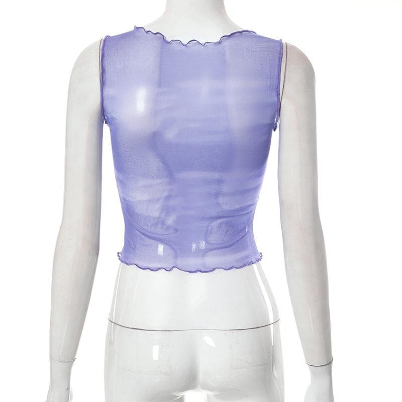 Sheer mesh see through abstract print ruffle sleeveless crop top