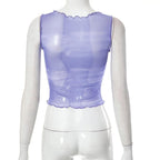 Sheer mesh see through abstract print ruffle sleeveless crop top