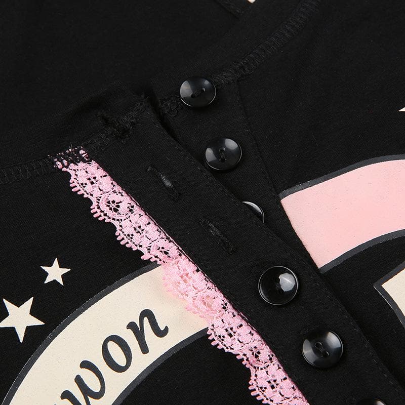 Button "sweetwon" pattern sleeveless lace hem contrast crop top