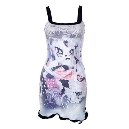 Comic pattern contrast ruffle backless square neck sleeveless mini dress