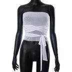 Sheer mesh see through solid cross front cowl neck 3-way top