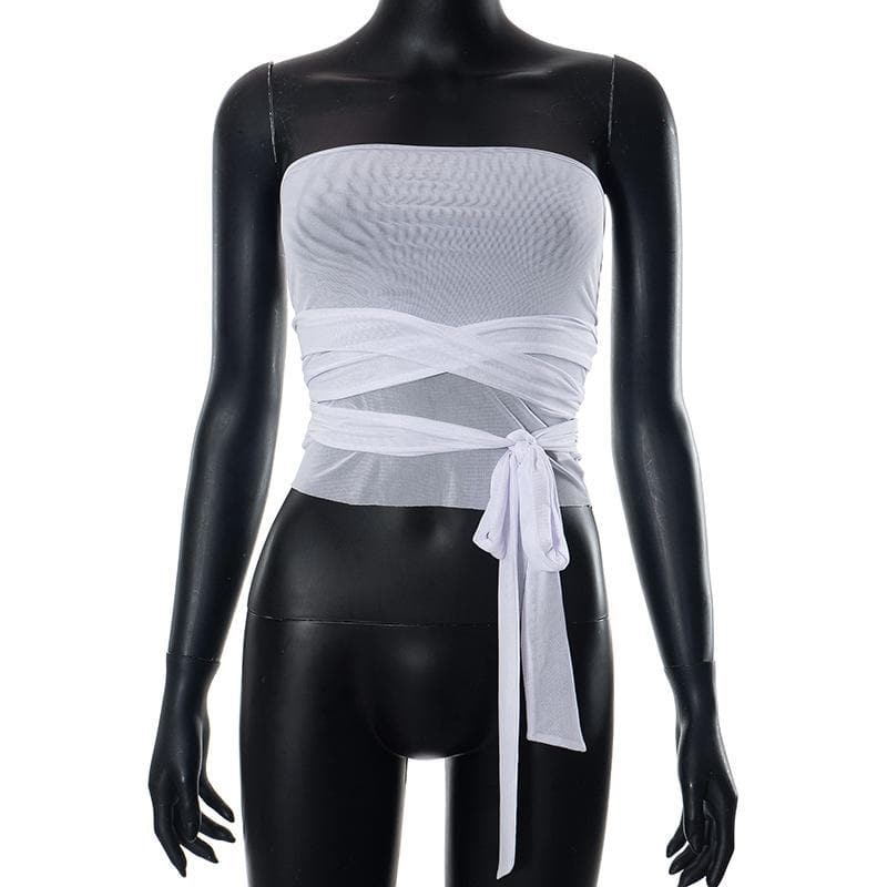 Sheer mesh see through solid cross front cowl neck 3-way top