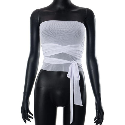 Sheer mesh see through solid cross front cowl neck 3-way top