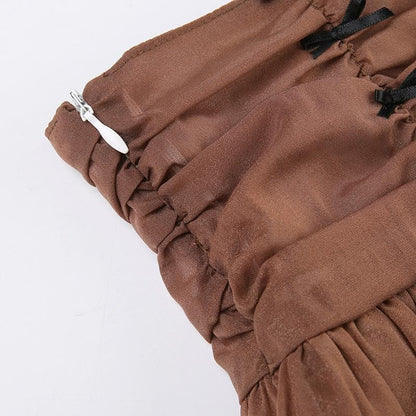 Chiffon ruched zip-up bowknot low rise mini skirt
