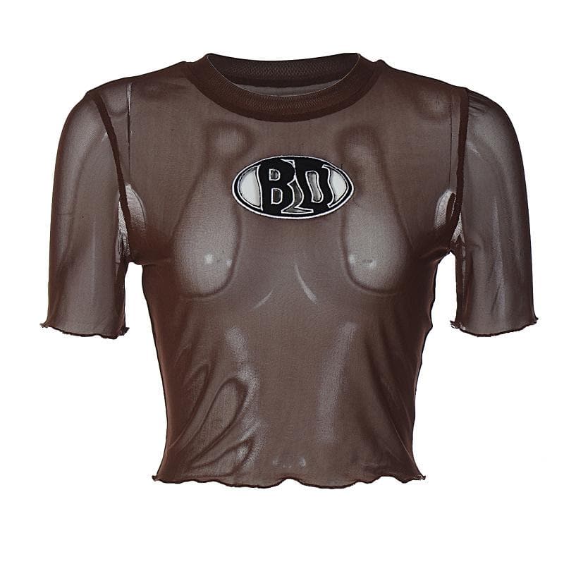 Short sleeve sheer mesh see through ruffle embroidery crop top