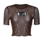 Short sleeve sheer mesh see through ruffle embroidery crop top