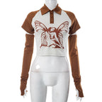 Top corto con colletto rovesciato, maniche corte, bottoni, guanti e patchwork a contrasto 