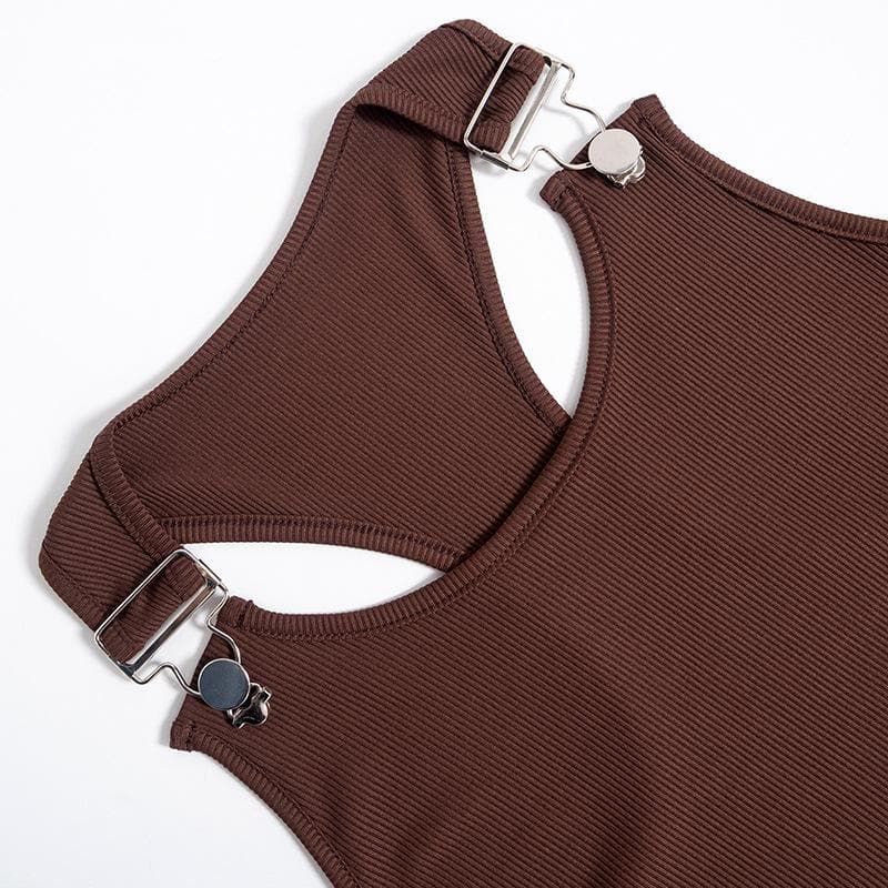 Ribbed buckle u neck sleeveless solid crop top