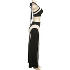 Completo gonna lunga senza schienale con allacciatura a strappo e patchwork in rete 