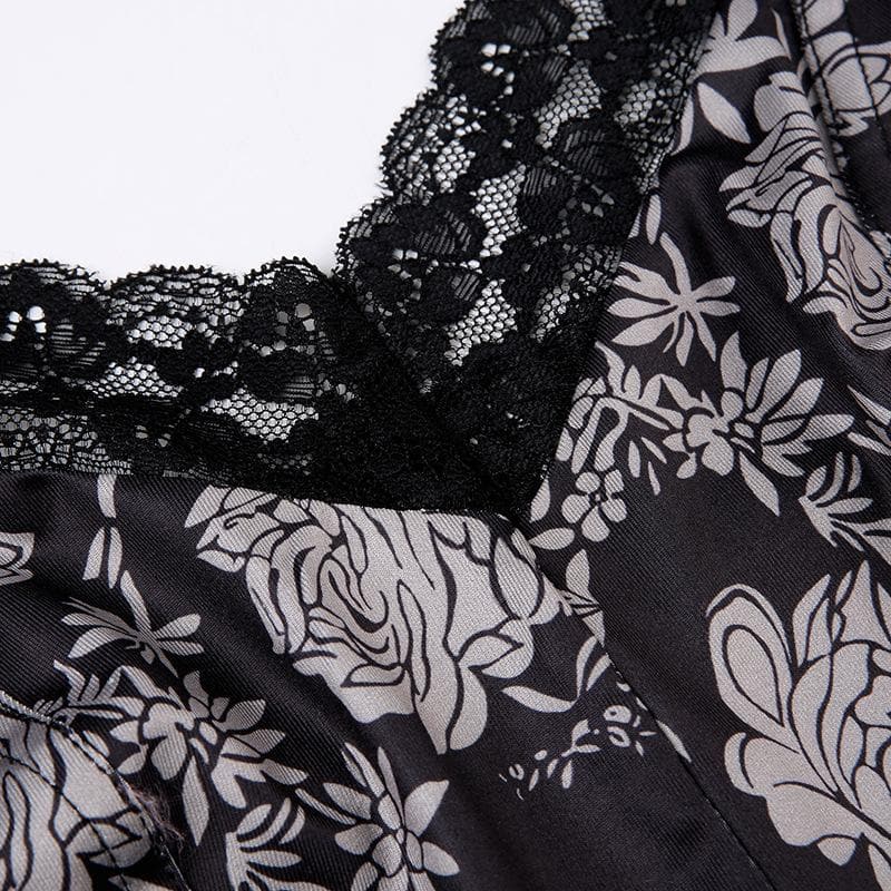 Top corto con scollo a V e schiena scoperta a contrasto in pizzo con stampa floreale 