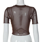 Short sleeve sheer mesh see through ruffle embroidery crop top