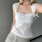 Textured lace hem bowknot zip-up cap sleeve solid top