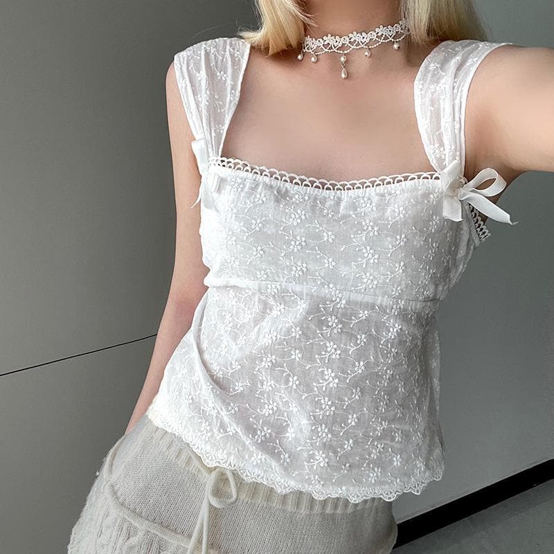 Textured lace hem bowknot zip-up cap sleeve solid top