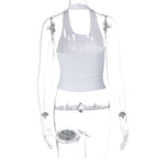 Halter backless cross beaded u neck sleeveless crop top