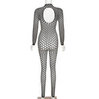 Durchsichtiger, rückenfreier Jumpsuit mit langen Ärmeln und Fischnetz-Ausschnitt 