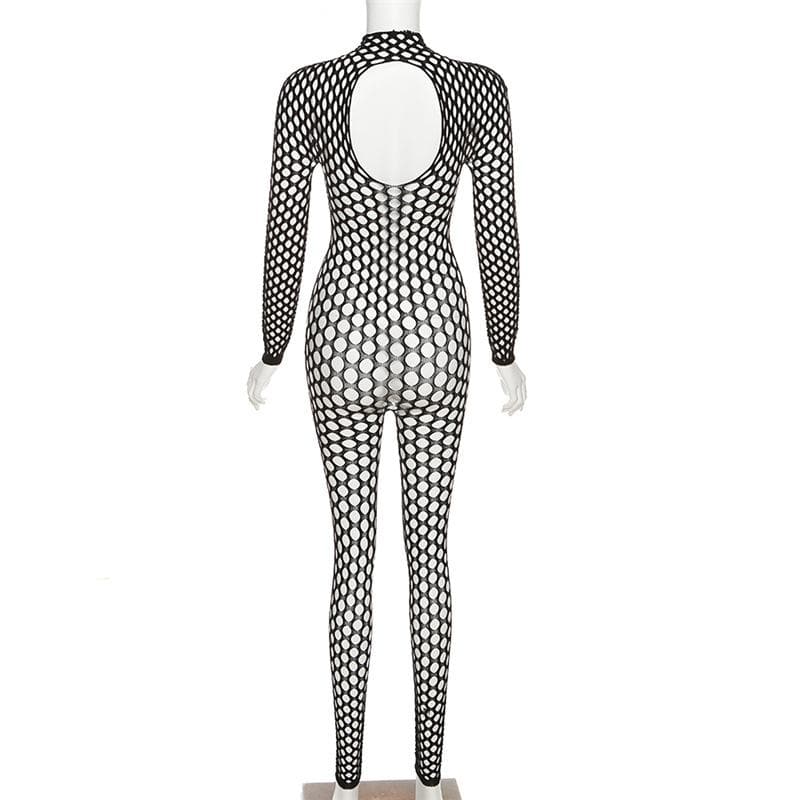 Durchsichtiger, rückenfreier Jumpsuit mit langen Ärmeln und Fischnetz-Ausschnitt 