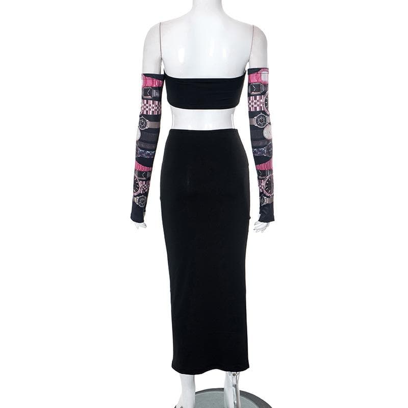 Gloves contrast print backless tube midi skirt set