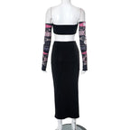 Gloves contrast print backless tube midi skirt set