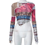 Sheer mesh see through contrast print long sleeve gloves crewneck crop top