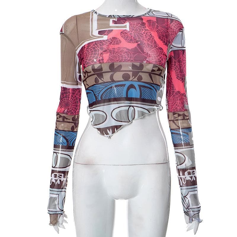 Sheer mesh see through contrast print long sleeve gloves crewneck crop top