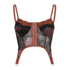 Backless u neck button mesh lace hem flower print cami crop top