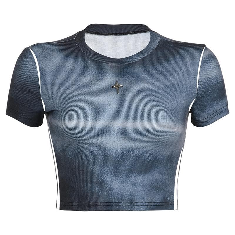 Tie dye short sleeve star applique crewneck crop top