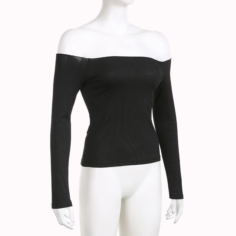 Off shoulder long sleeve ribbed solid top