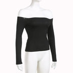 Off shoulder long sleeve ribbed solid top