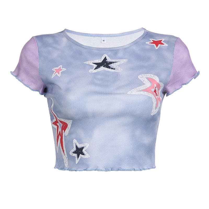 Top corto tie-dye con maniche a cappuccio e motivo a stelle arricciate a contrasto 