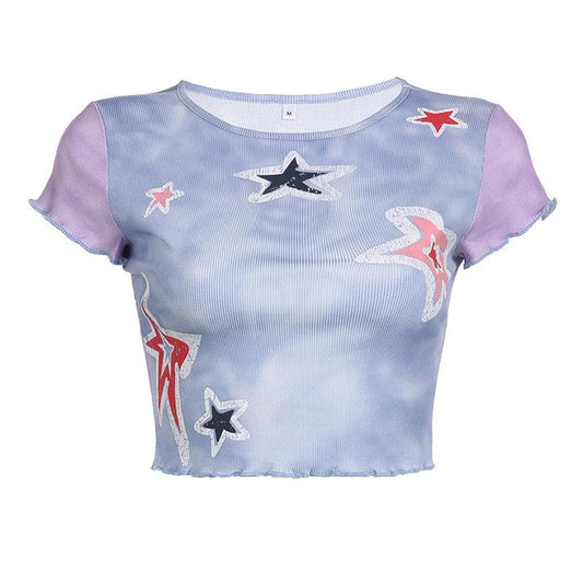 Top corto tie-dye con maniche a cappuccio e motivo a stelle arricciate a contrasto 