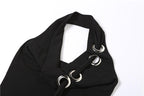 Halter backless hollow out ribbed cowl neck solid top