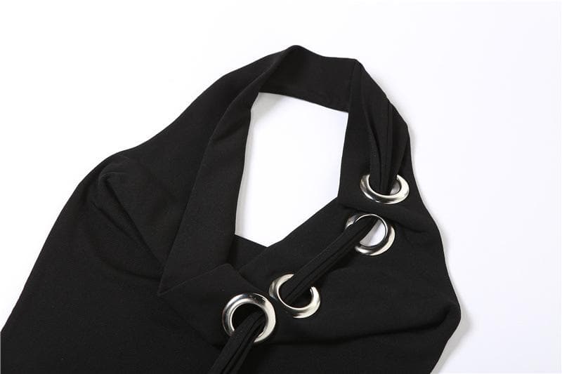 Halter backless hollow out ribbed cowl neck solid top