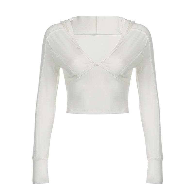 Long sleeve v neck stitch hoodie solid crop top