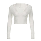 Long sleeve v neck stitch hoodie solid crop top