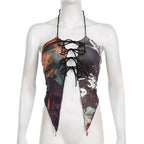 Halter self tie backless abstract contrast crop top
