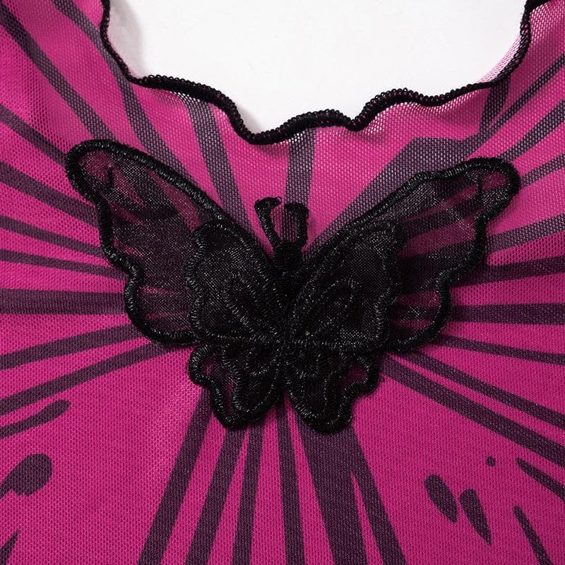 Sleeveless u neck ruffle sheer mesh see through butterfly applique top