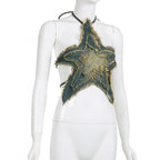 Halter self tie denim star pattern backless contrast top