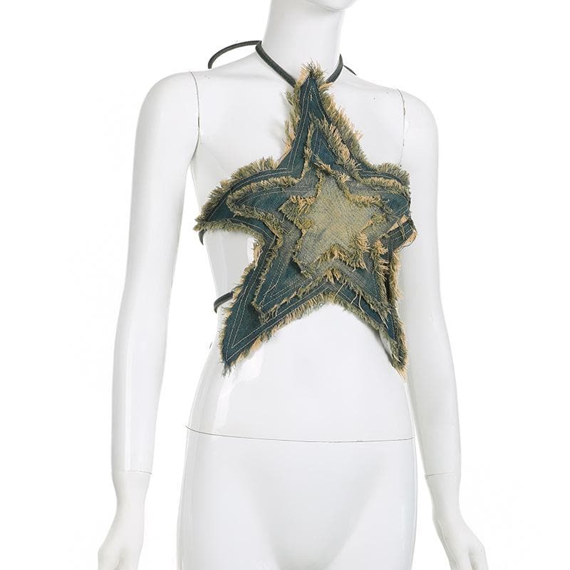 Halter self tie denim star pattern backless contrast top