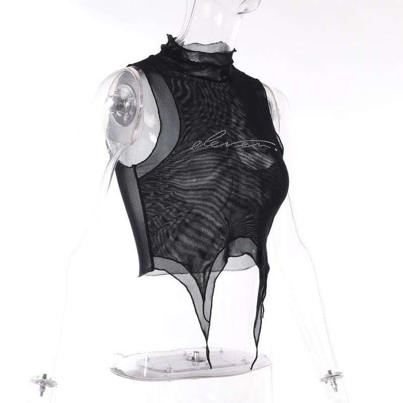 Sheer mesh see through beaded high neck crop top