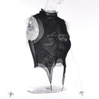 Sheer mesh see through beaded high neck crop top